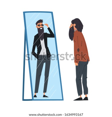 Hipster Man Standing in Front of Mirror Looking at His Reflection and Imagine Himself as Successful and Attractive, Man Seeing Himself Differently in Mirror Vector Illustration