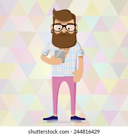 Hipster man is standing and reading news on modern phone