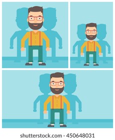 Hipster man standing with some shadows behind him. Candidat for a position stand out from crowd. Concept of staff recruitment. Vector flat design illustration. Square, horizontal, vertical layouts.