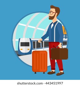 A hipster man standing at the train station on the background of arriving train. Young man with suitcases waiting for a train. Vector flat design illustration in the circle isolated on background.