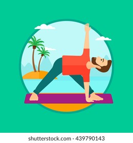 A hipster man standing in yoga triangle pose. Man meditating in yoga triangle position on the beach. Man doing yoga on nature. Vector flat design illustration in the circle isolated on background.
