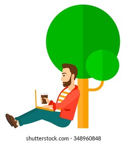 A hipster man studying in park using a laptop and drinking coffee vector flat design illustration isolated on white background. Vertical layout.