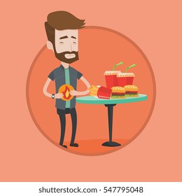 Hipster man suffering from heartburn. Caucasian man having stomach ache from heartburn. Man having stomach ache after fast food. Vector flat design illustration in the circle isolated on background.