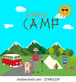 Hipster man in the summer camp with dog for hiking