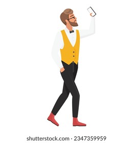 Hipster man taking selfie. Cool stylish hipster boy making blog content vector cartoon illustration