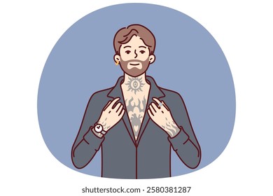 Hipster man with tattoos on body and beard on face poses in clothes for going to club or party. Hipster guy with earring in ear is dressed in black shirt for concept of gangster male look