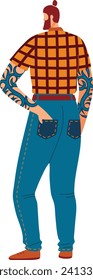 Hombre hipster con tatuajes de pie casualmente. Varón tatuado con camisa de manta y jeans. Estilo urbano moderno e ilustración vectorial del concepto de moda.