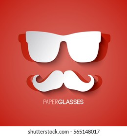 Hipster man template with paper mustache and glasses on red background isolated vector illustration
