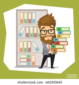 Hipster man is upset with a lot of work