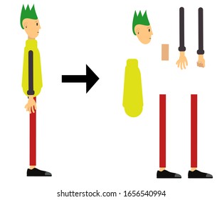 Hipster man. Vector character ready for gait animation. Set of body parts.