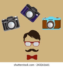 hipster man with vintage camera vector illustration
