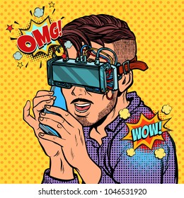 hipster man in virtual reality glasses talking on the phone. Pop art retro vector illustration comic cartoon vintage kitsch