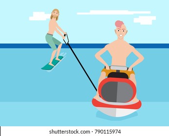Hipster man wakeboarding behind motor boat in the sea. Water skiing on lake. Extreme sport, summer beach water sport, fitness, health, lifestyle and people concept illustration vector.
