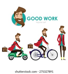 hipster man walking, riding a bicycle, riding a scooter