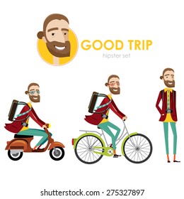 hipster man walking, riding a bicycle, riding a scooter