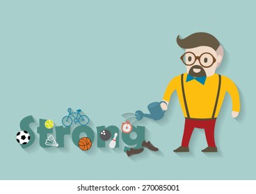 Hipster man with water pot vector cartoon.