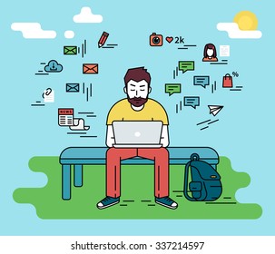 Hipster man wearing beard is sitting with laptop outdoors. Flat line illustration of guy writing a comment in social networks and social media signs such as email, chat bubbles, blog, news around him