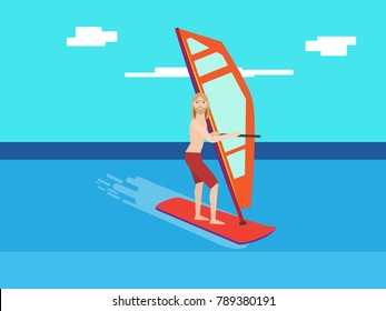 Hipster man windsurfer at standing on his surfboard sailing in the sea. Extreme sport, summer beach water sport, fitness, health, lifestyle and people concept illustration vector.
