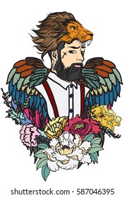 Hipster man with wings and flower vector.old schoot illustration tattoo.