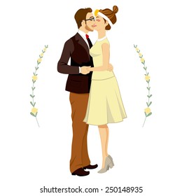 Hipster man and woman couple kissing and hugging tenderly on their wedding day