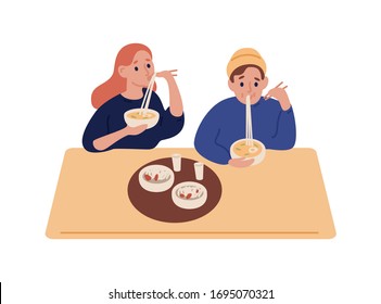 Hipster Man And Woman Eating Noodles At Restaurant Vector Flat Illustration. Cartoon Couple Enjoy Ramen Using Chopstick Sit At Table Isolated On White. Male And Female Trying Tasty Food At Cafe