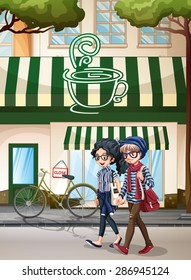 Hipster man and woman walking in front of a cafe