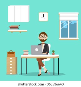 Hipster man working in the office.illustrator EPS10.
