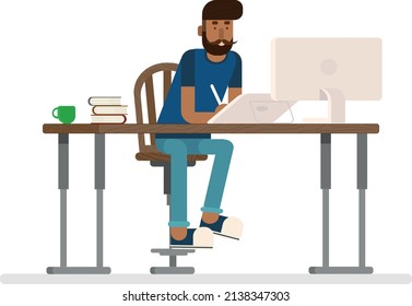 hipster man working at the table on the computer