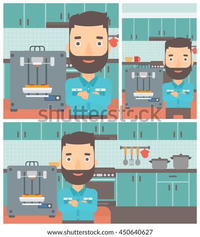 Hipster man working with three D printer making pizza on background of kitchen. Man with crossed arms standing near 3D printer. Vector flat design illustration. Square, horizontal, vertical layouts.