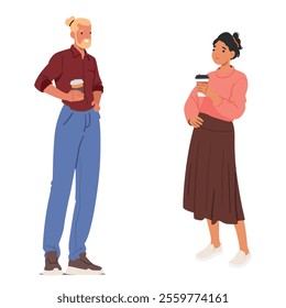 Hipster man and young woman cartoon good friends characters drinking takeaway beverage enjoying nice conversation standing isolated on white background. Coffee lovers friendship vector illustration