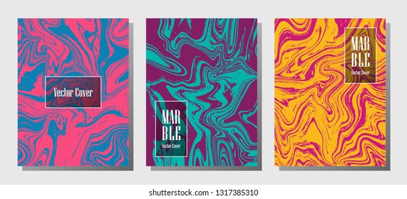 Hipster marble prints, vector cover design templates. Fluid marble stone texture iInteriors fashion magazine backgrounds  Corporate journal patterns set of liquid ink waves. Notebook prints set.
