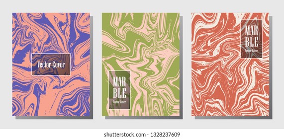 Hipster marble prints, vector cover design templates. Fluid marble stone texture iInteriors fashion magazine backgrounds  Corporate journal patterns set of liquid oil waves. Report covers.