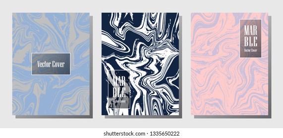 Hipster marble prints, vector cover design templates. Fluid marble stone texture iInteriors fashion magazine backgrounds  Corporate journal patterns set of liquid paint waves. Report covers.