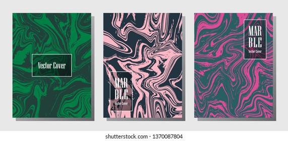 Hipster marble prints, vector cover design templates. Fluid marble stone texture iInteriors fashion magazine backgrounds  Corporate journal patterns set of liquid ink waves. Invitation cards set.
