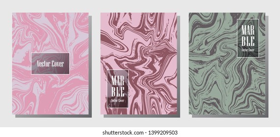 Hipster marble prints, vector cover design templates. Fluid marble stone texture iInteriors fashion magazine backgrounds  Corporate journal patterns set of liquid oil waves. Brochure covers set.