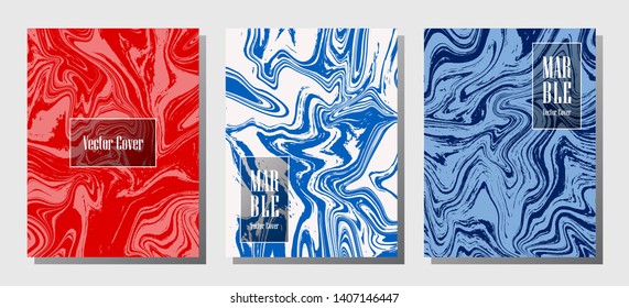Hipster marble prints, vector cover design templates. Fluid marble stone texture iInteriors fashion magazine backgrounds  Corporate journal patterns set of liquid ink waves. Notebook prints set.