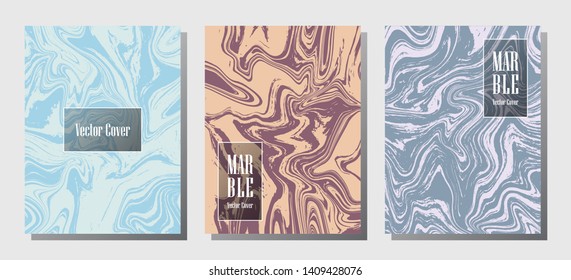 Hipster marble prints, vector cover design templates. Fluid marble stone texture iInteriors fashion magazine backgrounds  Corporate journal patterns set of liquid clay waves. Notebook prints set.