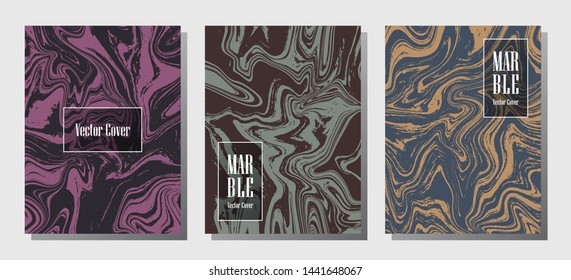 Hipster marble prints, vector cover design templates. Fluid marble stone texture iInteriors fashion magazine backgrounds  Corporate journal patterns set of liquid paint waves. Flyers, banners set.