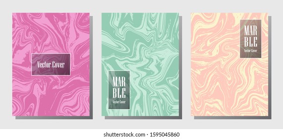 Hipster marble prints, vector cover design templates. Fluid marble stone texture iInteriors fashion magazine backgrounds  Corporate journal patterns set of liquid clay waves. Posters set.