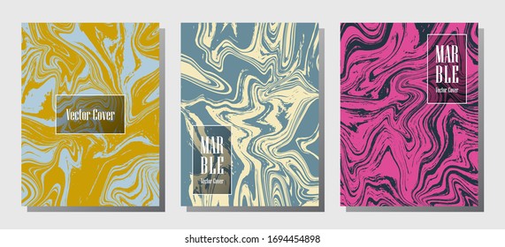 Hipster marble prints, vector cover design templates. Fluid marble stone texture iInteriors fashion magazine backgrounds  Corporate journal patterns set of liquid ink waves. Cover pages set.