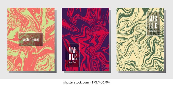 Hipster marble prints, vector cover design templates. Fluid marble stone texture iInteriors fashion magazine backgrounds  Corporate journal patterns set of liquid paint waves. Notebook prints set.
