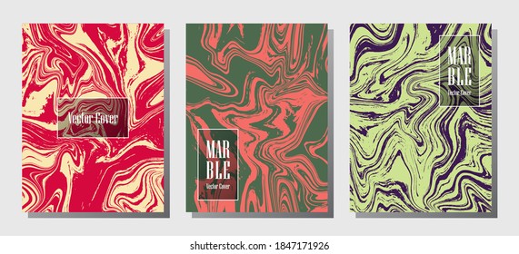 Impresiones de mármol hipster, plantillas de diseño de portada vectorial. Textura de piedra de mármol fluido iInteriors fondo de la revista de moda Patrones de revistas corporativos conjunto de ondas de arcilla líquida. Volantes, pancartas puestas.