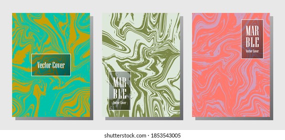 Impresiones de mármol hipster, plantillas de diseño de portada vectorial. Textura de piedra de mármol fluido iInteriors fondo de la revista de moda Patrones de revistas corporativos conjunto de ondas de arcilla líquida. Tarjetas de invitación establecidas.