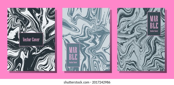 Impresiones de mármol hipster, plantillas de diseño de portada vectorial. Textura de piedra de mármol fluido iInteriors fondo de la revista de moda Patrones de revistas corporativos conjunto de ondas de pintura líquida. Fundas de folletos.