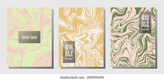 Impresiones de mármol hipster, plantillas de diseño de portada vectorial. Textura de piedra de mármol fluido iInteriors fondo de la revista de moda Patrones de revistas corporativos conjunto de ondas de tinta líquida. Juego de afiches.