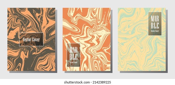 Hipster marble prints, vector cover design templates. Fluid marble stone texture iInteriors fashion magazine backgrounds  Corporate journal patterns set of liquid clay waves. Notebook prints set.