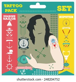 hipster and marine Tattoo  set vector illustration 