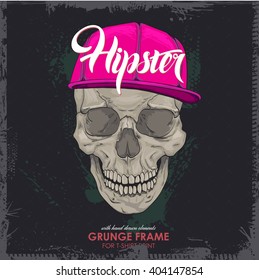 hipster marks, skull cap. Print for T-shirt. HIPSTER skull with cap print for t-shirt. cranium modern street style attributes. Vector art. cranium head for poster.