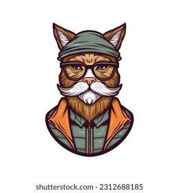 Hipster Mascot Old Cat Flat Hand DraStyle