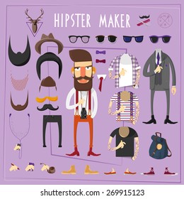 Hipster master accessories constructor with sets of fake mustaches sun glasses and footwear abstract flat vector illustration